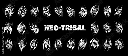 Neo tribal shapes. Y2k trend, gothic abstract elements. Reimagined Mayan Tattoos. Acid Mayan elements for t-shirt, apparel, merch, cover, album. Neo tribal, trendy tattoo shapes. Vector photo