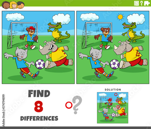 differences game with cartoon animals playing soccer