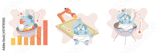 Poorly globe sits on grill under hot sun with thermometer. Cartoon earth global warming concept. Planet is overheating, Environmental problem due to climate change. Natural disasters cataclysms