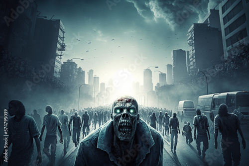 Zombie apocalypse, devastated city, in the sky scavenger vultures, generative Ai photo