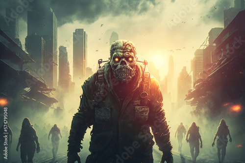 Zombie, mad max style, commanding an army. Ray of light behind a destroyed futuristic city, generative Ai