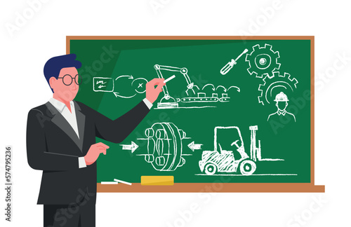 Professor explaining seminar lecture topic using illustrations on class blackboard. Young teacher pointing and showing something with chalk. Flat vector illustration isolated on white background.