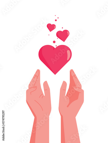 Hands reaching for floating red hearts. Vector illustration concept for sharing love, helping others, charity supported by global community. Stickers for social media and mobile apps and games.