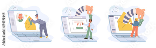 Hacker activity. Hacking computer. Phishing account, steal data, cyber attack. Stealing password. Cyber crime, theft personal information, cyber security spy access. Internet fraud scenes set metaphor