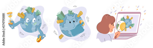 Businessman investor with coins. Employee or entrepreneur puts money in piles, calculates profit. Financial literacy and passive income, successful investor. Person stands holding bag of money