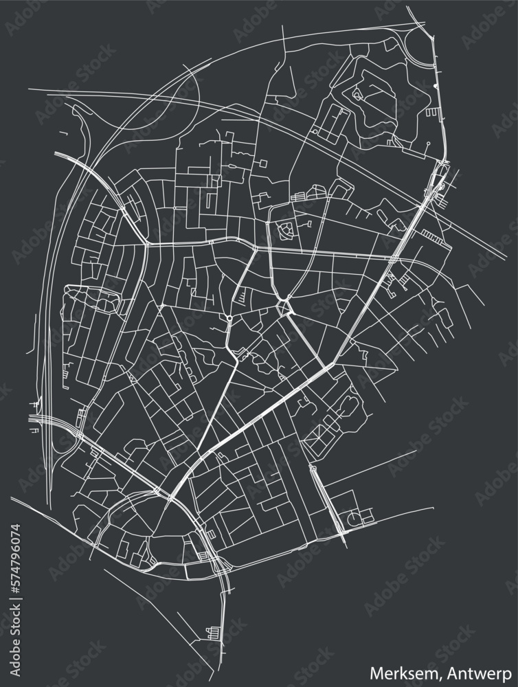 Detailed hand-drawn navigational urban street roads map of the MERKSEM DISTRICT, ANTWERP Belgium with vivid road lines and name tag on solid background