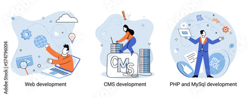 Website architecture concepts metaphor. Web development, PHP and MySQL, CMS, interface design, software testing. Creation digital Software mobile, desktop platforms. Digital content management system