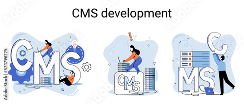 Digital content management system, CMS development software metaphor. Information system or computer program enable organize collaborative process of creating, editing and managing soft in network