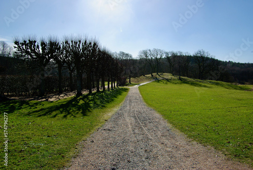 Gravel road for walking over a greening field in a park landscape in early spring. 