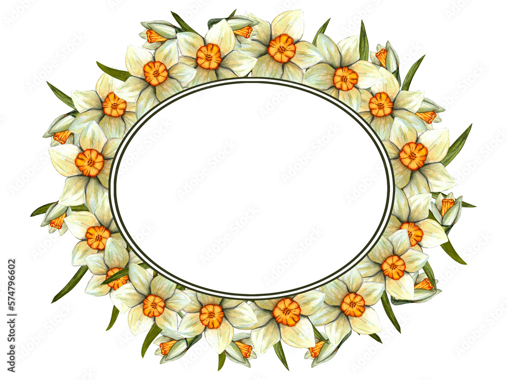 Watercolor frame easter with daffodil. Spring floral illustration isolated on white background.