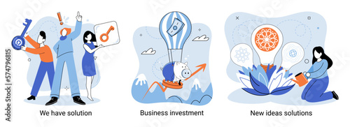We have solution metaphor, business investment, new ideas solution scenes set. Teamwork and brainstorming. Team and new startup. Leadership and financial activities. Concept joint search for new ideas