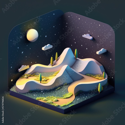 rolling hills and starry skies, isometric low poly view AI generation.