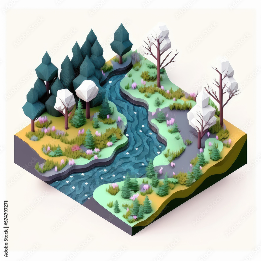 meandering river and a forest of mystery, isometric low poly view AI generation.