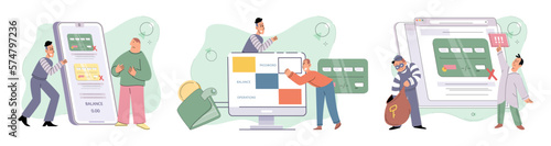 Hacker activity. Hacking computer. Phishing account, steal data, cyber attack. Stealing password. Cyber crime, theft personal information, cyber security spy access. Internet fraud scenes set metaphor
