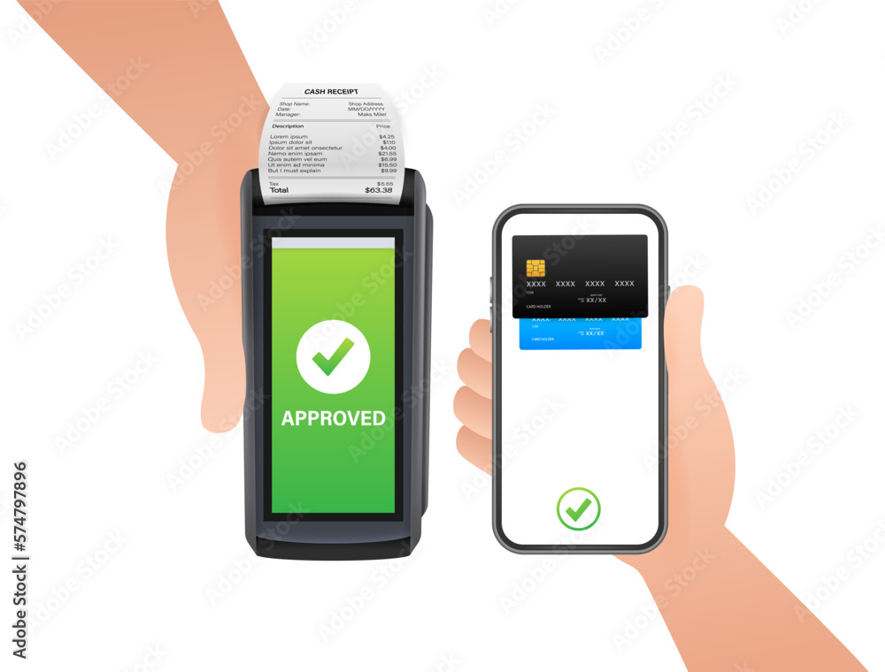POS Terminal, Paper Receipt. Approved, Rejected Payment. Hand holding smartphone. NFC Payments Device. POS Terminal, Paper Receipt. Approved, Rejected Payment. Hand holding smartphone. NFC Payments Device.