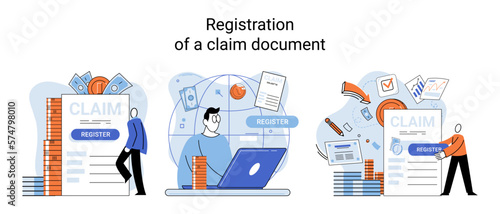 Registration of claim form register document, providing personal information, income information vector set. Tax filing, employer form, earnings statement documents, online software abstract metaphor