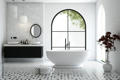 Luxury white bathroom with white and black tiles  a white tub  and a shower. White floor. mockup. Generative AI