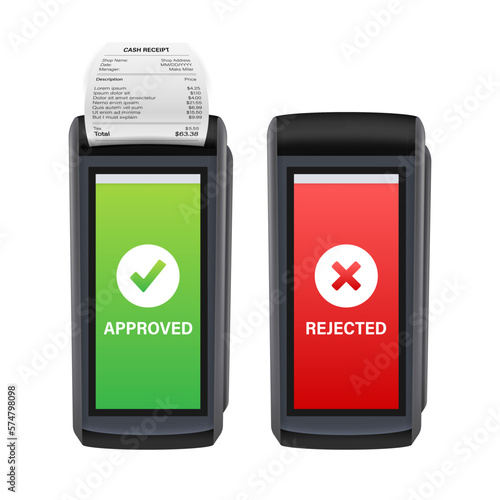 POS Terminal, Paper Receipt. Approved, Rejected Payment. NFC Payments Device.