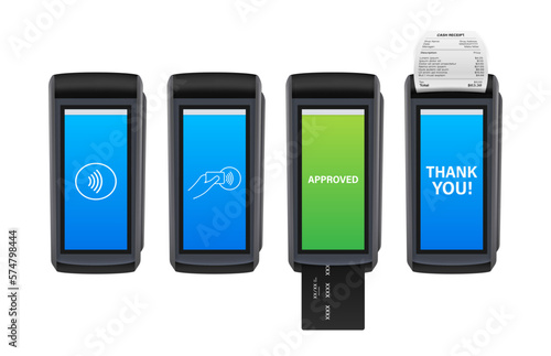 POS Terminal, Paper Receipt. Approved, Rejected Payment. NFC Payments Device.