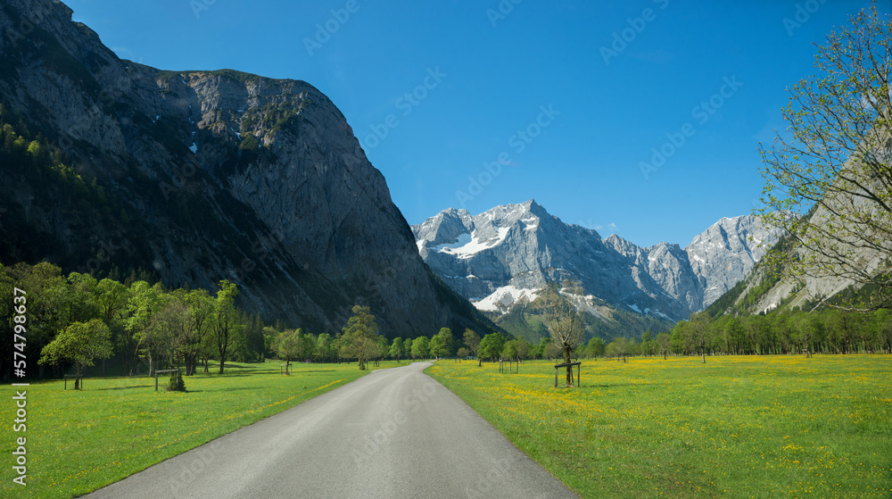 country road Ahornboden valley, famous alpine landscape austria tirol, karwendel mountains in spring