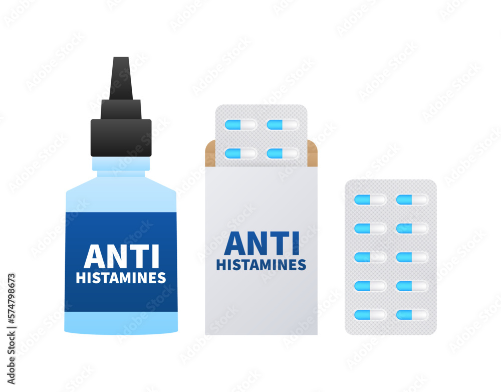Antihistamine Tablets, pills and drops. Anti allergy medicine. Vector stock illustration. Antihistamine Tablets, pills and drops. Anti allergy medicine. Vector stock illustration.