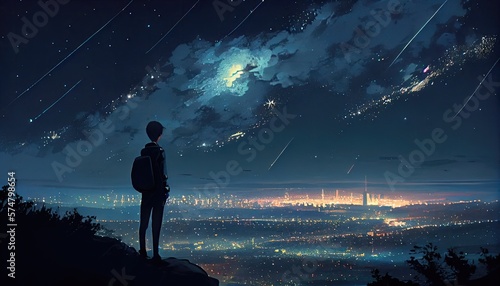 a boy standing on a hill looking at shooting stars falling on a city  generative ai  ai