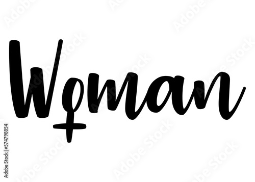 Logo feminista. Letras palabra Woman en texto manuscrito con símbolo femenino en lugar de letra o