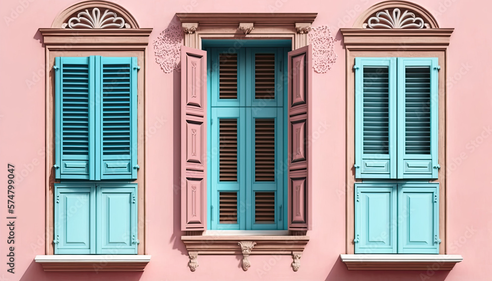 Window wooden shutters on pastel pink color painted wall background. Blue pale european style closed windows with ornamental frame on apartment building facade generative ai