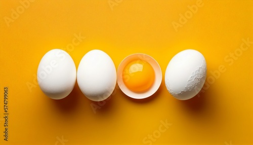 White eggs and broken egg with yolk on yellow background the yellow background. top view. Generative AI