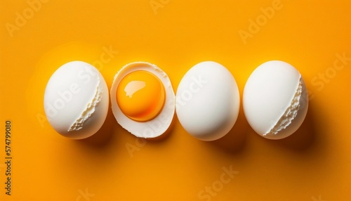 White eggs and broken egg with yolk on yellow background the yellow background. top view. Generative AI