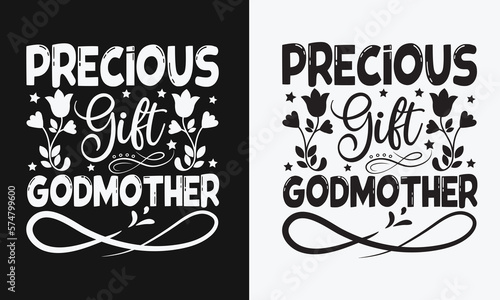Precious gift godmother - mother's day svg t-shirt design.  Hand Drawn Lettering Phrases, With a girl and flying pink paper hearts. Symbol of love on white background.  Eps 10.