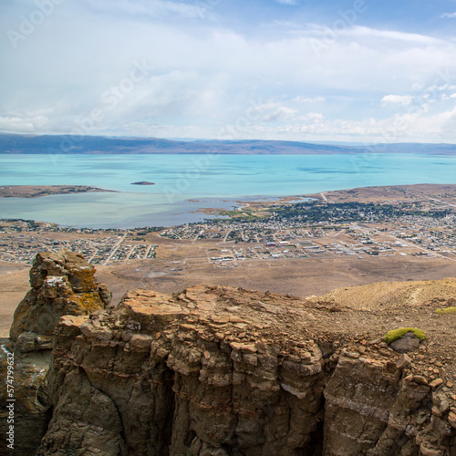 Panoramic view of the city of El Calafate and Lake Argentino. Top view