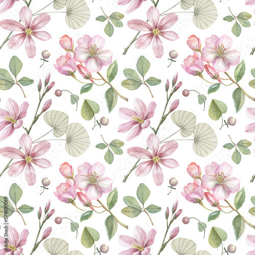 Watercolor seamless daisy floral pattern with gentle spring branches. Blooming pink flowers on white background in vintage style.