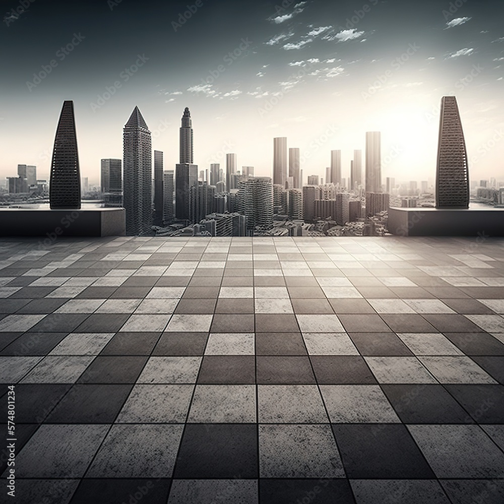 Panoramic view of empty concrete tiles floor with city skyline, generative ai