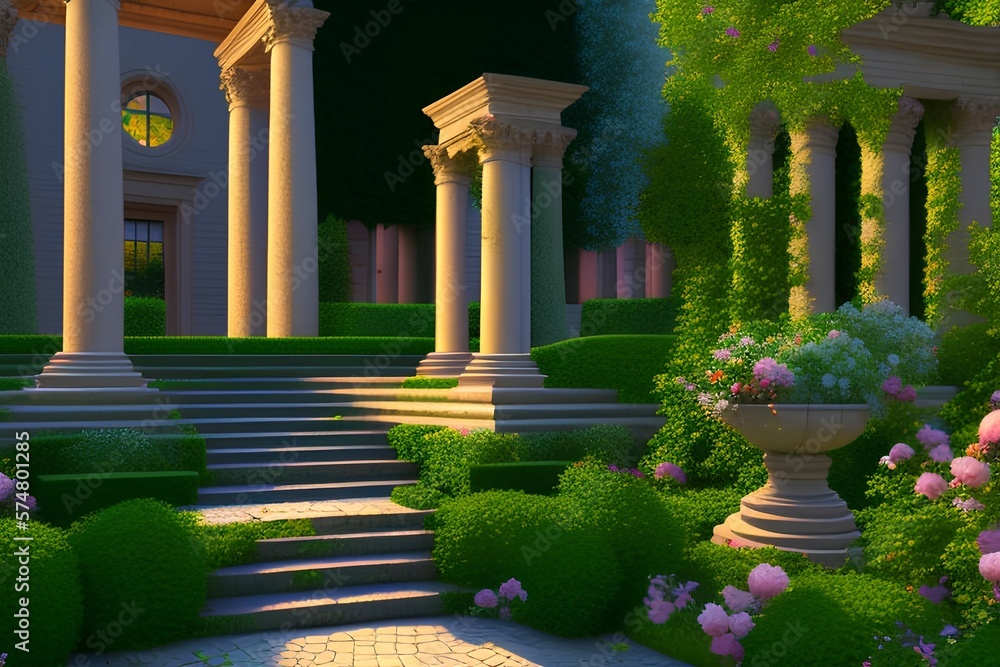 3d image of roman garden with stone stairs, columns, cobble stone patio ...