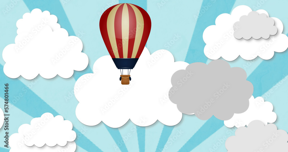 Obraz premium Image of balloon and clouds icons on blue striped background