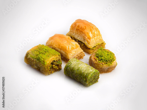 Baklava Varieties with Pistachio and Walnut White Background