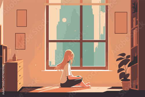 Teenage Girl meditates in a quiet room by window. 2d flat illustration.