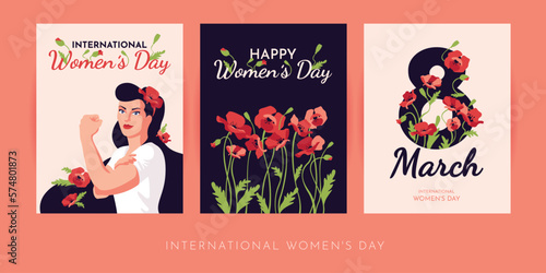 Flat illustrations of beautiful woman, March 8th, and flowers. Postcards set for International Women's Day