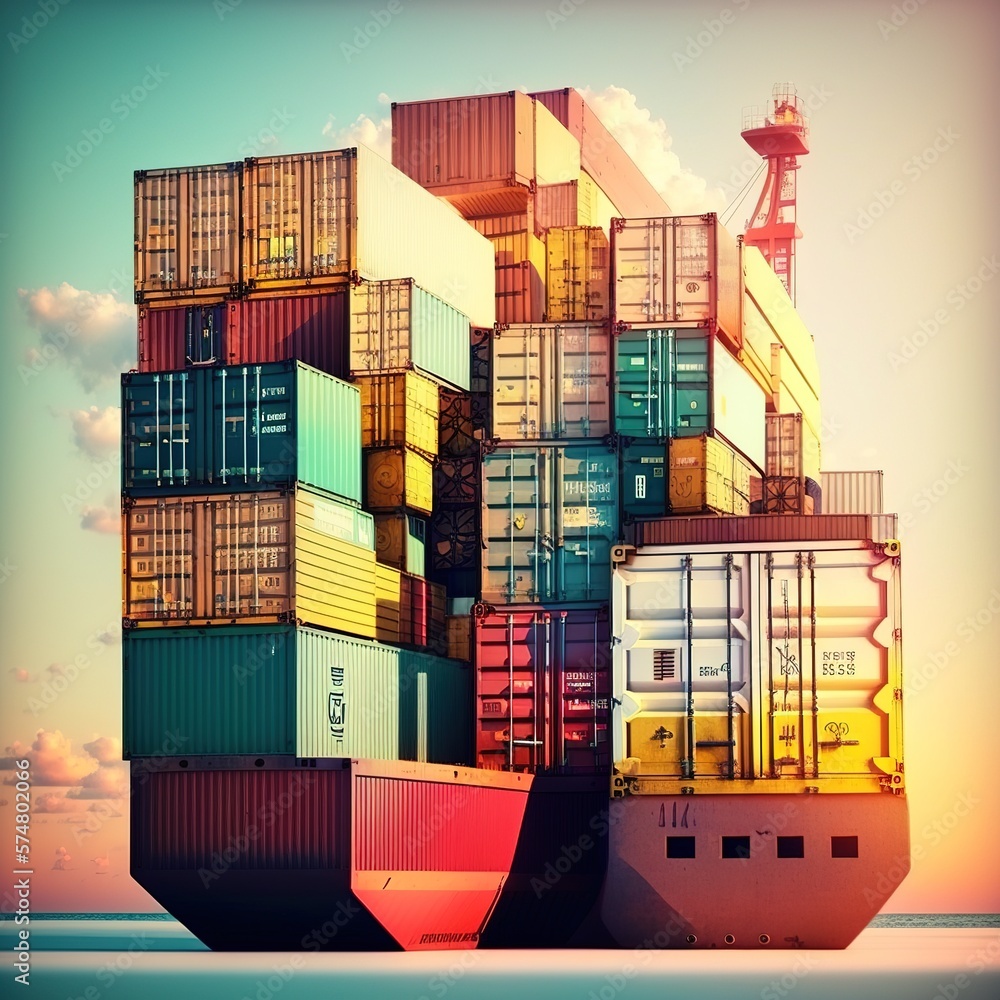 Fototapeta premium Container stacker crane lifting up stacking container box in yard, Container loading cargo freight in import and export business logistic company, generative ai