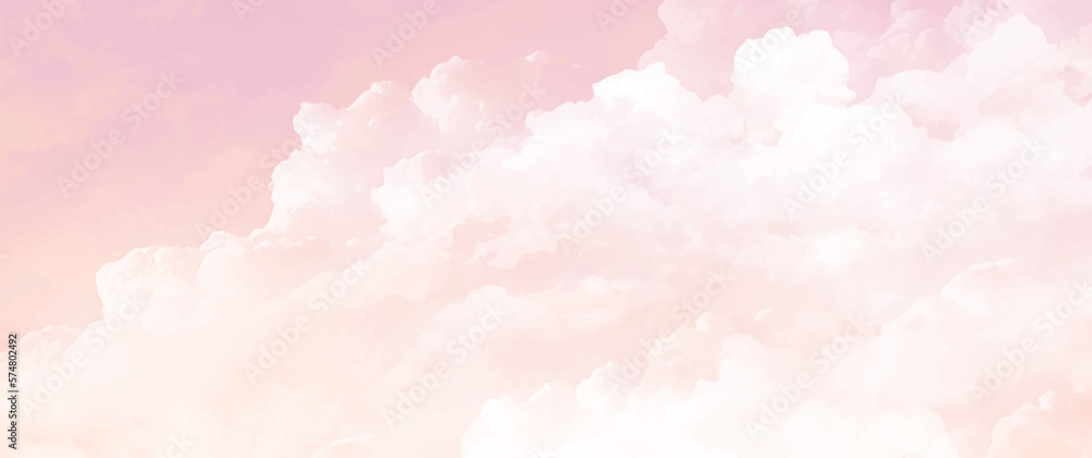 Pink vector watercolor art background with white clouds and pink sky ...