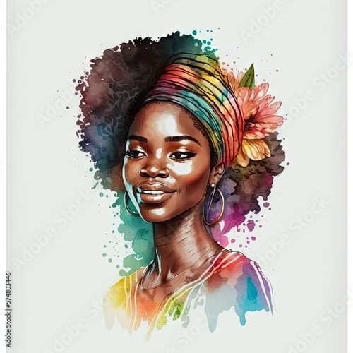 african woman with flower digital drawing with watercolor style illustration. generative ai photo