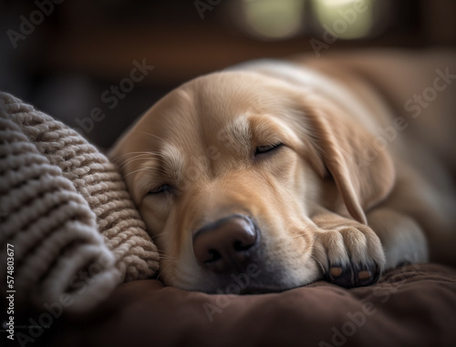 labrador dog lying on the carpet in the home interior with wooden elements, close up.