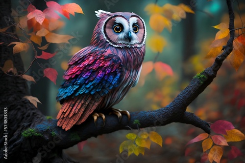 Cute colorful owl on a tree created with Generative AI technology © Wicker
