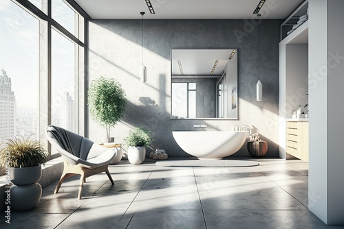 Spacious city apartment with concrete bathroom  angular bathtub  white chair with self-care goods  and panoramic window. simulated image. Generative AI