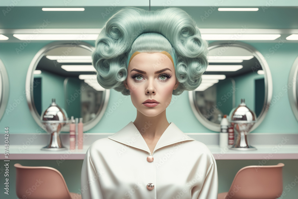 Fototapeta premium Futuristic portrait of a woman in pastel colors made in the retro style of the 60s and 70s. The concept of a hairdresser and beauty salon. Generative ai