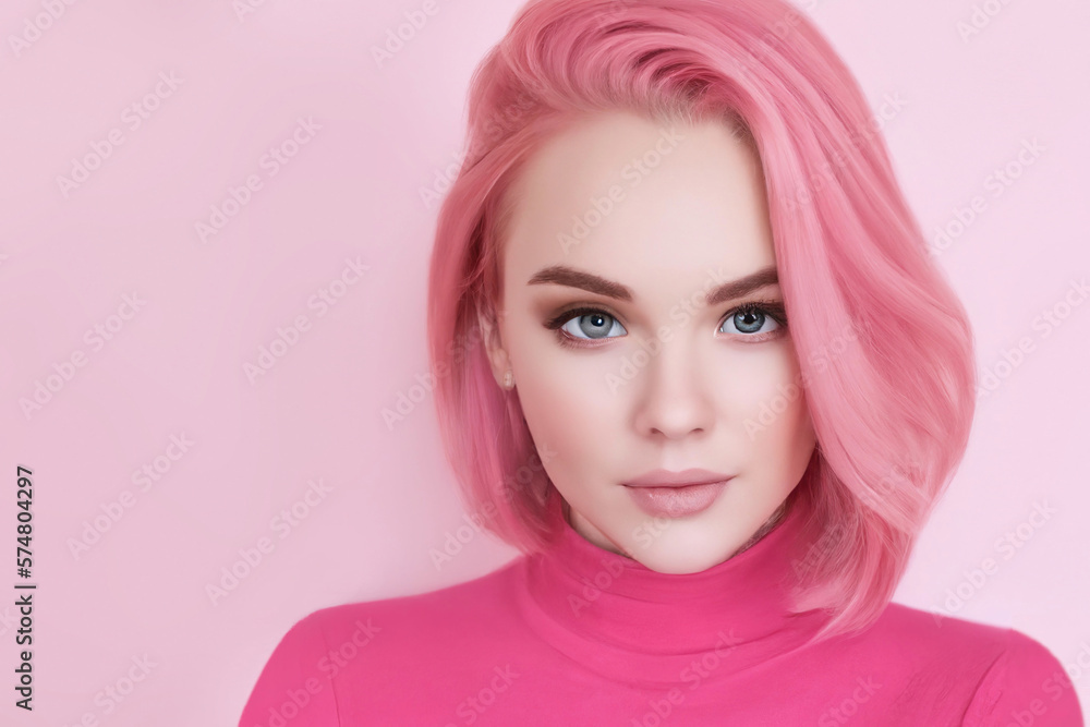 © PixlMakr - Portrait of a woman with pink hair and a pink sweater on a pink background. Generative AI © PixlMakr - Portrait of a woman with pink hair and a pink sweater on a pink background. Generative AI