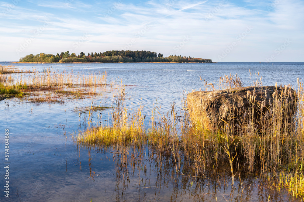 View of beach and an island in the sea. Storsand, Monäs. Nykarleby/Uusikaarlepyy, Finland View of beach and an island in the sea. Storsand, Monäs. Nykarleby/Uusikaarlepyy, Finland