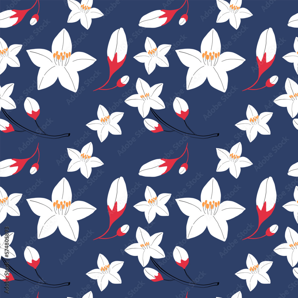 Obraz premium Vector seamless pattern with white flowers on a blue background. Trendy hand drawn textures. Modern abstract design for paper, cover, fabric, interior decor and other users.