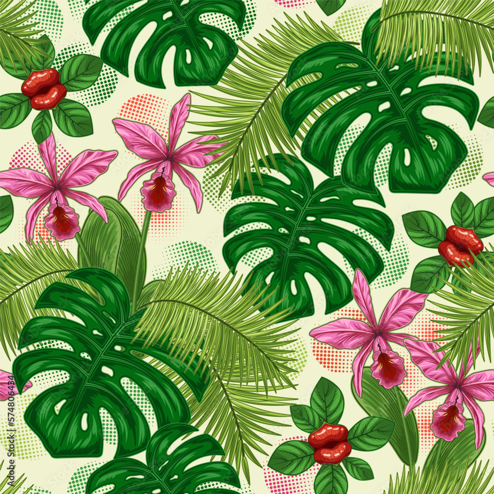 Seamless pattern with tropical vegetation, halftone shapes on white background. Monstera, palm leaves, orchid, exotic flower like lips. Vintage illustration for prints, apparel, surface design Seamless pattern with tropical vegetation, halftone shapes on white background. Monstera, palm leaves, orchid, exotic flower like lips. Vintage illustration for prints, apparel, surface design